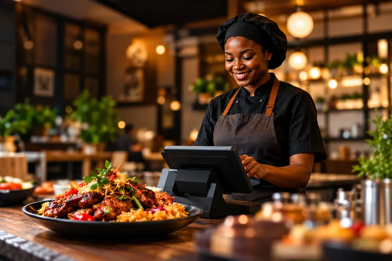 A Tido Grill team member serving a grilled platter